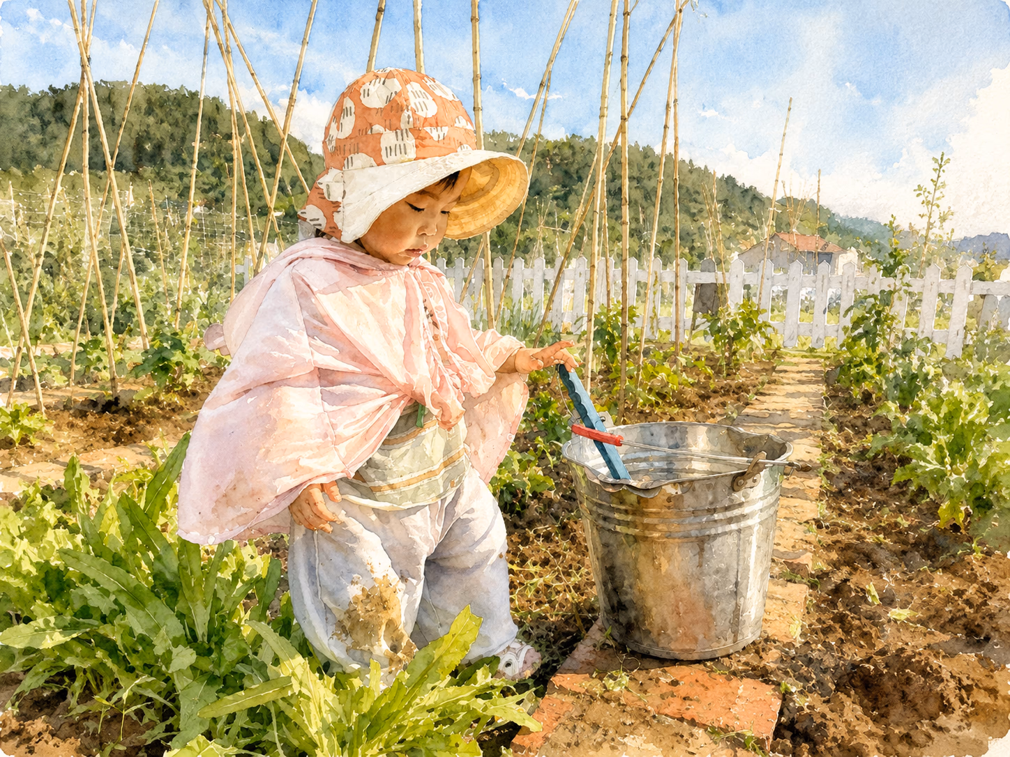 小薄荷在菜地里查看水桶和工具