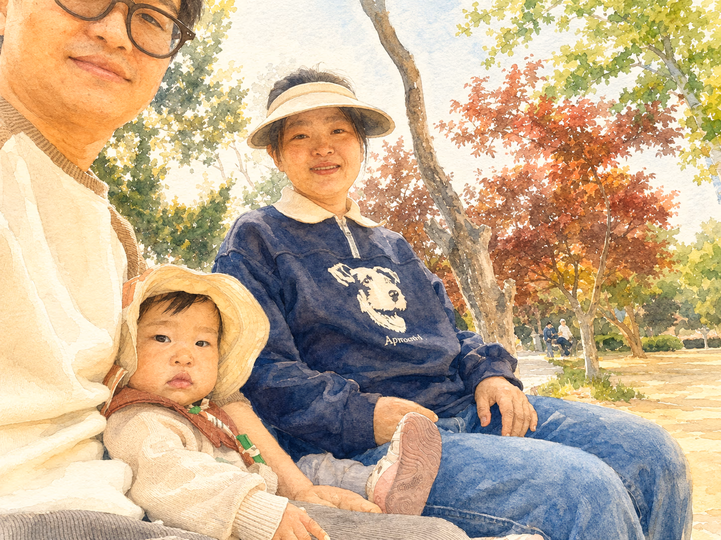 小薄荷和爸爸妈妈坐在公园里