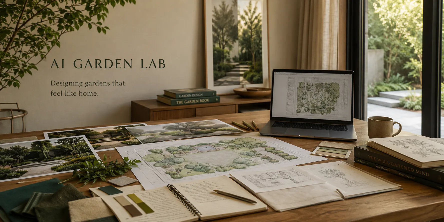 自然光下的花园设计工作台、植物和图纸